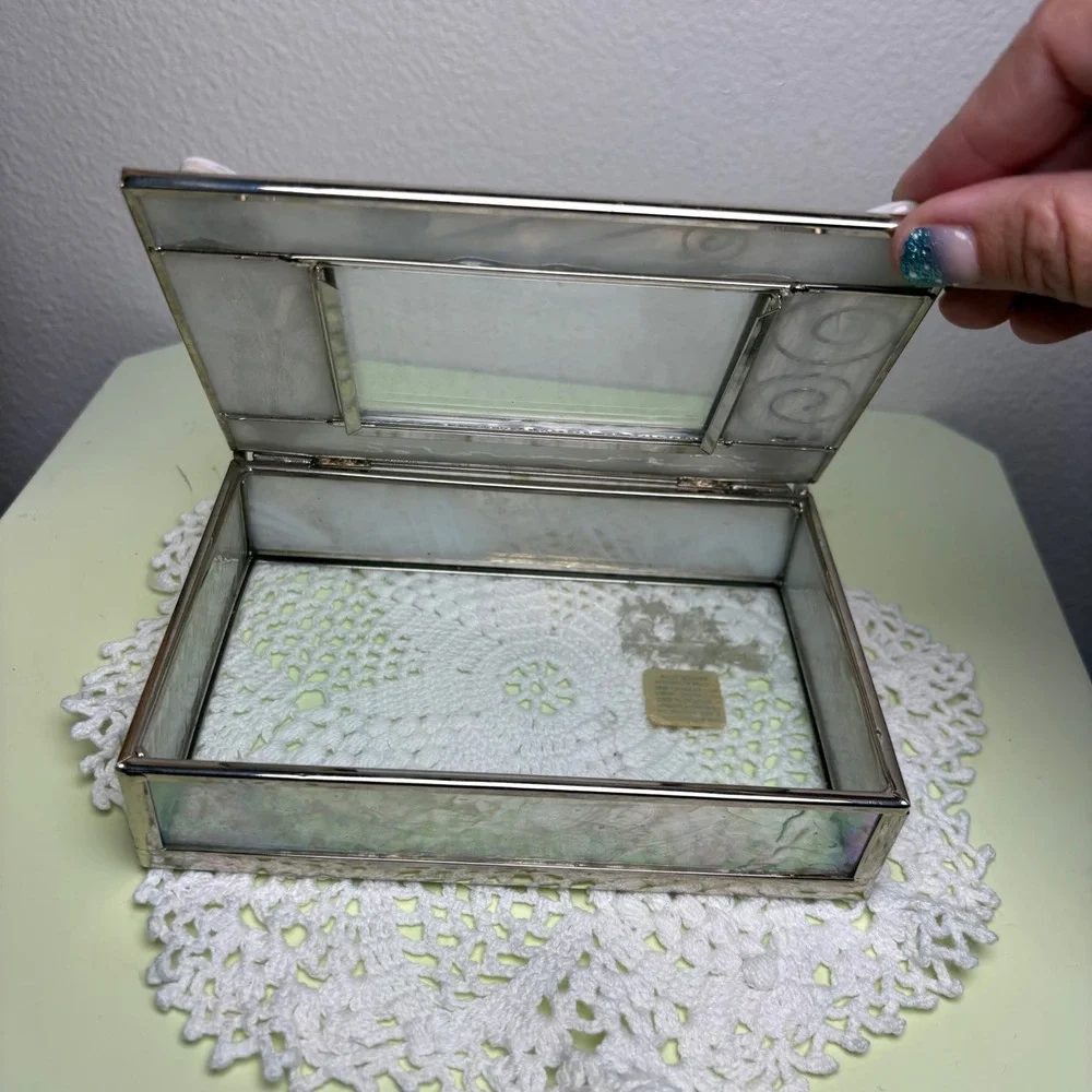 Vintage White Rectangular Jewelry Box Iridescent Hearts Stained Glass
